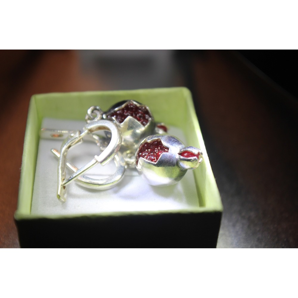 925 Silver Opened Pomegranate Drop Earrings Red Seed Dangle Lever Back 8.99g